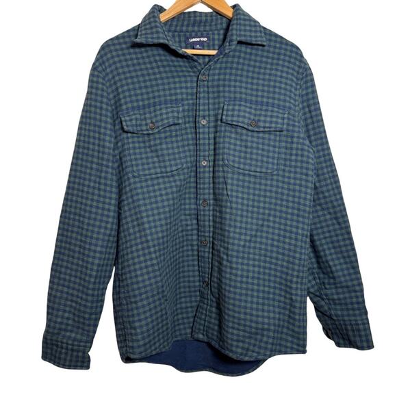 Lands’ End Fleece Lined Plaid Shirt Men’s M Green Blue Flannel Jacket - Picture 1 of 4